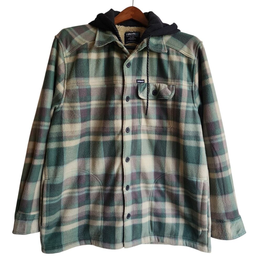 Tony Hawk Men's XL Plaid Flannel Hooded Jacket Sherpa Lined Shacket Green Gray